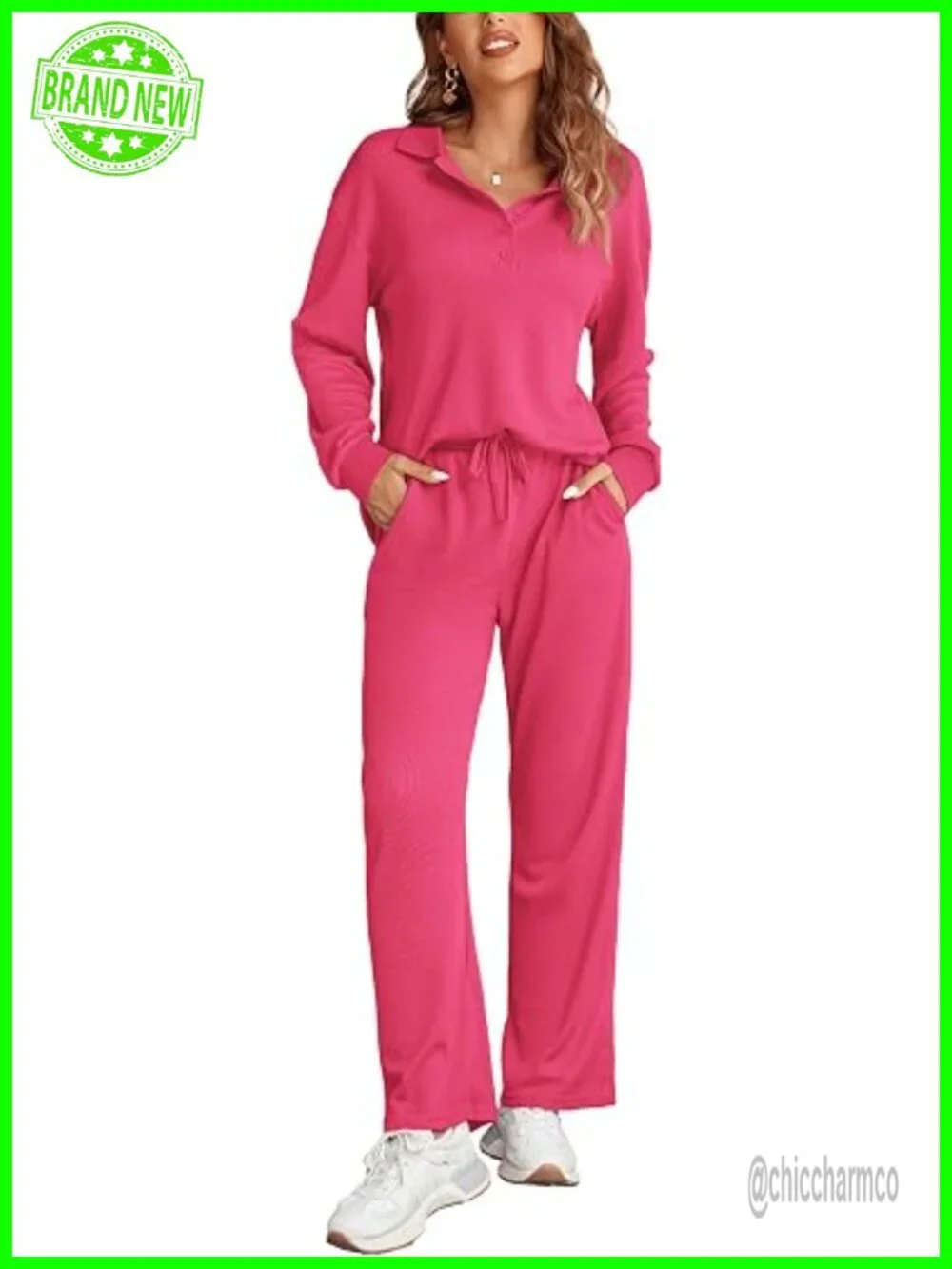 Womens 2 Piece Matching Lounge Set Sweatsuit Waffle Knit Pajamas Long Sleeve
